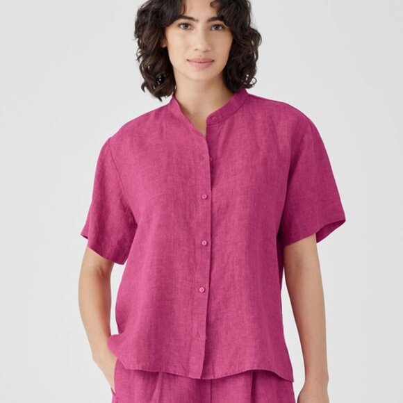 Eileen Fisher Organic Linen Delave Band Collar Shirt in Geranium Size Small NWT - Picture 1 of 4